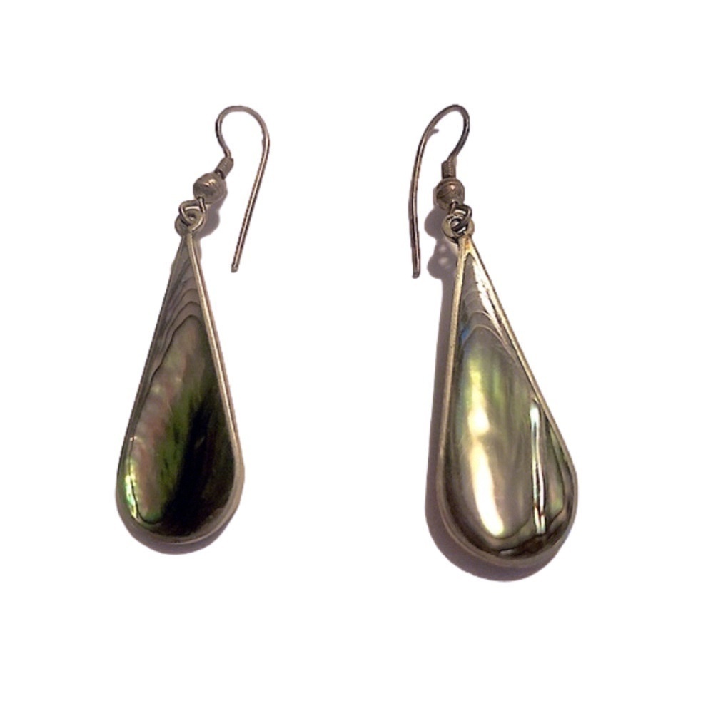 VTG Abalone & Alpaca Silver Tear Drop Shepherds Hook Dangle Earrings 2”